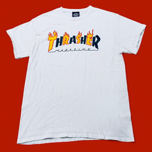 Skater Streetwear Flame Graphic Thrasher Magazine White Tee T-Shirt Men M